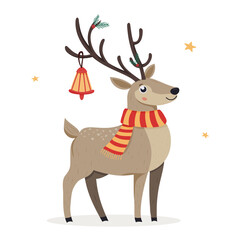 Reindeer wearing red striped scarf and bell on antlers. Holiday and winter celebration