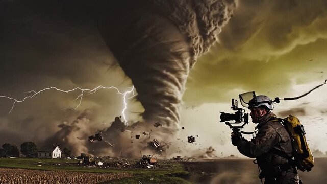 Tornado chase filming intense storm and lightning in rural landscape