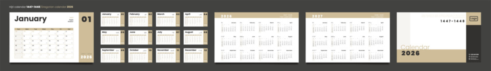 Hijri islamic 1447-1448 and Gregorian calendar 2026. Vector Layout calendar in English with week start Sunday. Set of 12 Calendar Pages, Cover with place Photo and Logo, annual 2026-2027 ready print.