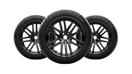 Fototapeta premium Three realistic black car tires with alloy rims arranged in a dynamic cluster isolated on transparent background
