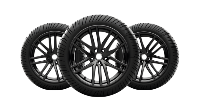 Three realistic black car tires with alloy rims arranged in a dynamic cluster isolated on transparent background