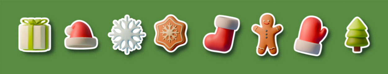 3D Christmas sticker set with Santa hat, gifts, cookies, tree, snowflakes, mittens and socks. Cute cartoon festive icons, retro halftone collage illustration for xmas holiday design and winter 