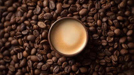 Fototapeta premium Small cup of rich espresso rests centrally upon a dense background of roasted coffee beans