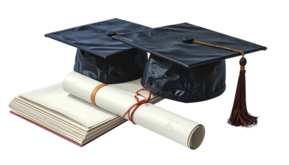  Pair of graduation caps and diplomas featuring classic and angled layouts isolated on transparent background