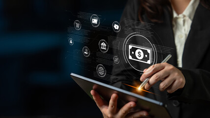 A fintech concept showing a network of digital banking services. This includes secure online payments, global transactions, and e-commerce for the modern financial system. Fermion