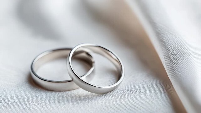 Silver wedding ring set white fabric with soft natural light