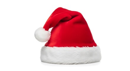 A festive santa claus hat with a fluffy white pompom isolated on a clean white background for christmas cheer