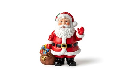 Fototapeta premium A figurine of santa claus with a bag of gifts on a white background raising his hand in a wave pose