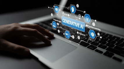 A close-up of a hand typing on a sleek laptop with a holographic display above showing concepts like generative AI and machine learning, emphasizing technology and creativity. Tessel