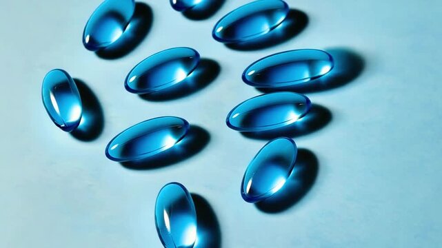 Set of blue medical capsules. Pharmaceutical gelatin softgels. Medicines and pharmacology background.