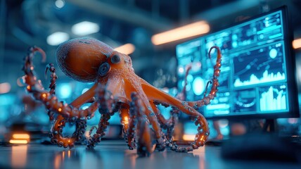 octopus using computer, a futuristic and advanced concept. The scene features an octopus interacting with modern technology