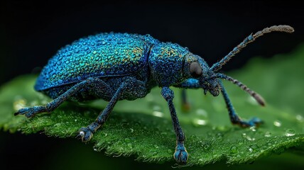 a close-up shot of a radiant, metallic beetle resting on a green leaf. Its textured body is shimmering with iridescent hues, highlighted by glistening water droplets.