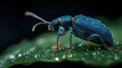 A close-up photograph of a metallic blue beetle perched on a green leaf covered with water droplets