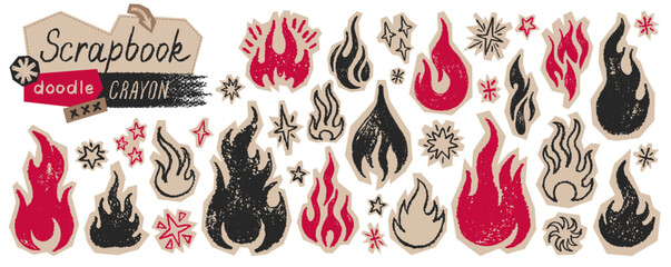 Fire, flame, star hand drawn collage icon. Doodle scrapbook sticker. Vector brush or crayon fire flame star. Cutout grunge grafitti icon. Sketch vintage paper illustration. Tattoo Punk Rock pattern bg