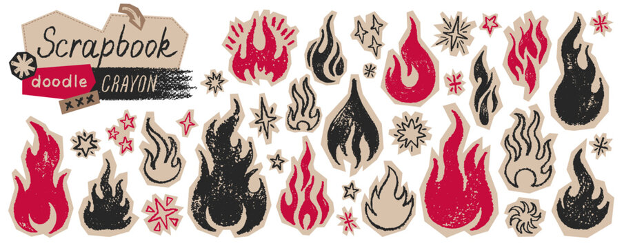 Fire, flame, star hand drawn collage icon. Doodle scrapbook sticker. Vector brush or crayon fire flame star. Cutout grunge grafitti icon. Sketch vintage paper illustration. Tattoo Punk Rock pattern bg