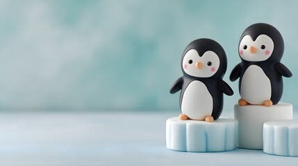 Naklejka premium Two charming, handmade figures of flightless aquatic birds stand on icy platforms with a soft blue background