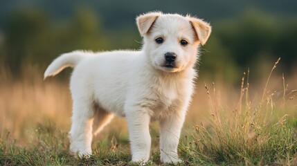 Young canine companion stands attentively amidst outdoor grassy terrain during soft lighting
