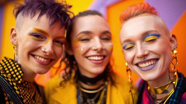 Three smiling people with bright makeup and colorful clothing. Group of genderfluid friends with bold street fashion against colorful background. Concept of diversity and individuality