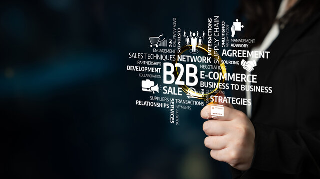 A business professional presents concepts related to B2B e-commerce with a focus on sales strategies. The magnifying glass symbolizes detailed analysis and insight. Tessel