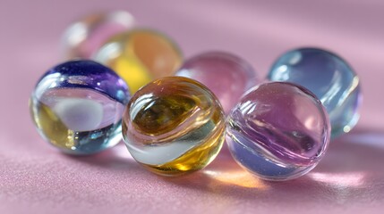 Several colorful glass spheres rest clustered together on a soft pink surface under warm lighting.
