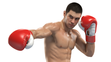 Muscular boxer man in fighting stance with red gloves