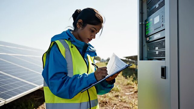 Woman examining solar panel control box while recording data on clipboard at solar farm. Sunny outdoor setting with renewable energy focus. Concept of clean energy, sustainability, technology