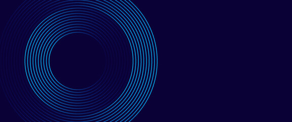 Abstract blue glowing geometric lines on dark blue background. Modern shiny blue circle lines pattern. Futuristic technology concept. Suit for cover, poster, banner, brochure, header, website