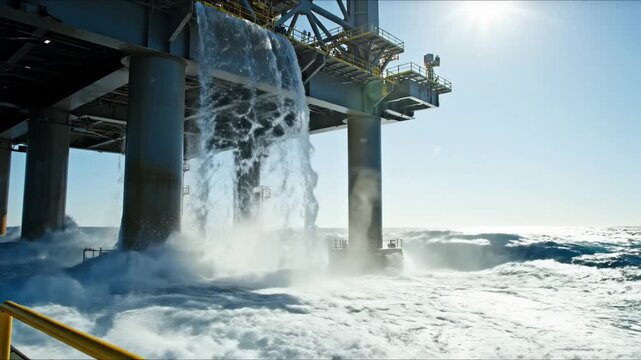 Powerful waves crash against offshore oil platform, sending sprays of water into the air. Bright sun creates striking reflections on waves
