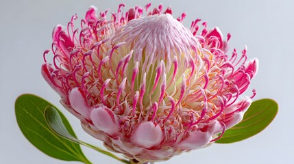 Exotic pink and white bloom displays intricate structure against a soft background