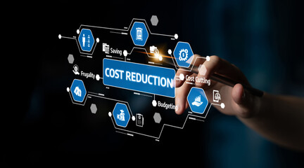 This image showcases an interactive digital interface symbolizing cost reduction strategies, featuring various icons focused on budgeting and savings for financial management. Tessel