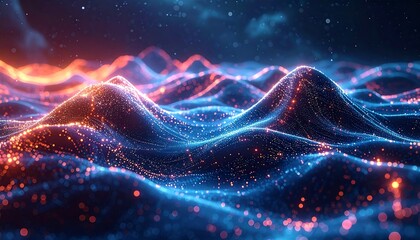 Abstract digital landscape with glowing blue and orange particle lines