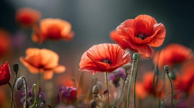 Bright red poppy flowers bloom vibrantly in a sunlit field during springtime