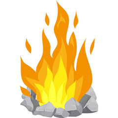 Campfire With Bright Orange Flames Ignited On Gray Rocks In A Transparent Background With Small Embers Floating Upwards