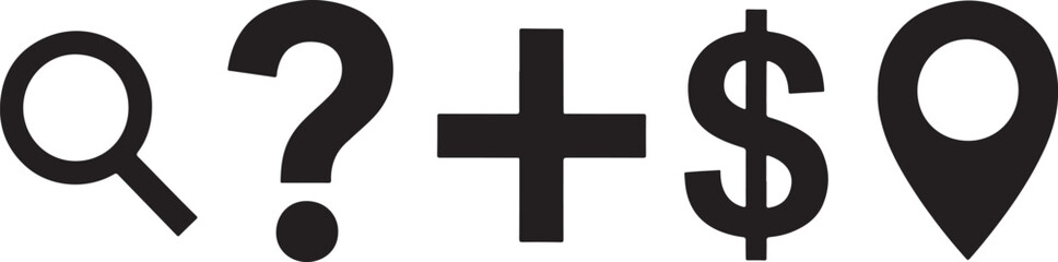 Magnifying glass question mark plus sign dollar sign and location pin icons search icon question mark icon