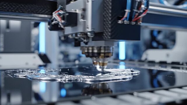 CNC machine precisely engraves detailed patterns on solid surface in contemporary workshop. Bright blue ambient lighting highlights technical machinery