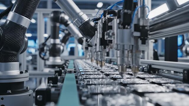 Multiple robotic arms efficiently assemble components on production line. Industrial setting showcases advanced technology and precision in manufacturing