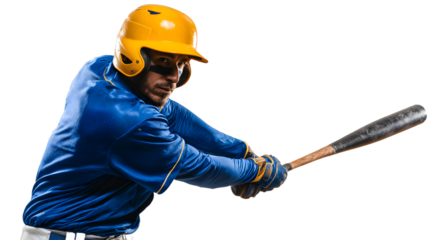 Baseball player in a blue uniform and yellow helmet swinging a bat, isolated on transparent background