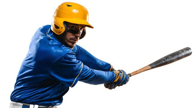 Baseball player in a blue uniform and yellow helmet swinging a bat, isolated on transparent background