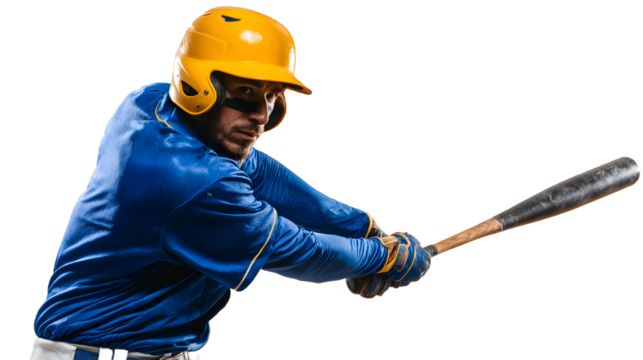 Baseball player in a blue uniform and yellow helmet swinging a bat, isolated on transparent background