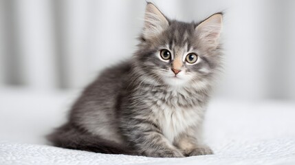 Fluffy gray striped kitten sits attentively on a light textured surface indoors