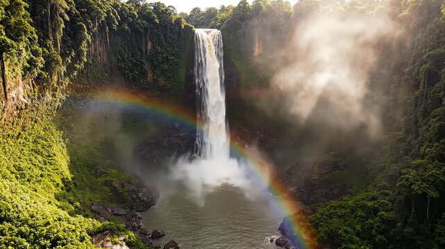 Waterfall tumbles down rocky cliffs with vibrant rainbow arching across misty water. Lush greenery surrounds tranquil setting, showcasing nature&rsquo;s beauty