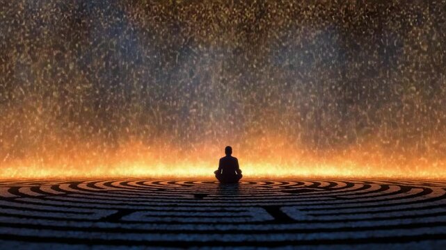 Inner Peace and Contemplation: A lone figure sits in meditation at the heart of a mesmerizing labyrinth, bathed in the ethereal glow of light, inviting viewers to explore themes of mindfulness.
