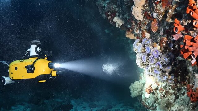 Underwater vehicle navigates through vibrant coral reef illuminating the surroundings. Deep-sea environment showcasing marine diversity. Concept of marine exploration, adventure tourism, oceanography