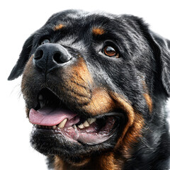 Fototapeta premium A rottweiler dogs face looking up and to the side, with its mouth open and tongue visible, isolated on transparent background