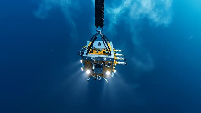 Underwater exploration vehicle lowering into the ocean for research. High-tech setting, bright lights illuminating deep blue water. Concept of marine science, oceanography, environmental research