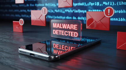 Malware Detected on Smartphone with Spam Emails and Coding Background Illustrating Cyber Security Threats and Digital Risks