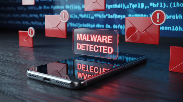 Malware Detected on Smartphone with Spam Emails and Coding Background Illustrating Cyber Security Threats and Digital Risks - Powered by Adobe