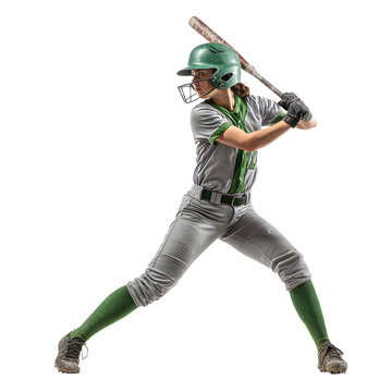 Female softball player in uniform and helmet swinging a bat, isolated on transparent background