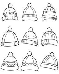 Winter Beanie Hat Vector Set – Hand Drawn Knitted Cap Line Art Collection