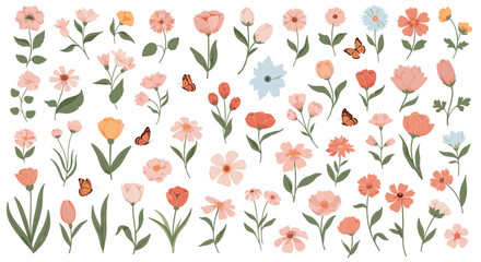 Obraz premium Beautiful Collection of Hand-Drawn Pastel Flowers and Butterflies.